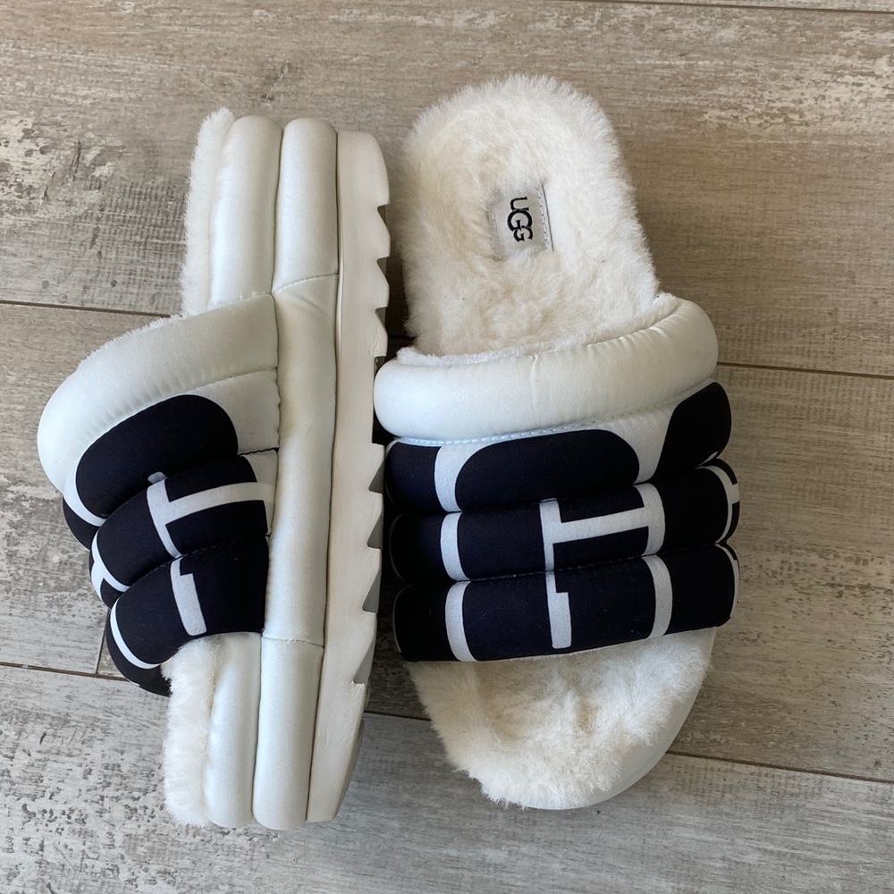 UGG Black and White Fuzzy Slides - Picture 3 of 9